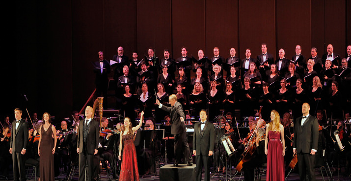 Nicholas Nelson, Caitlin Mathes, Roger Honeywell, Maria Kanyova, George Manahan (Conductor), Andre Chiang, Lindsay Ohse, and Brendan Tuohy with the Portland Opera Orchestra and Chorus