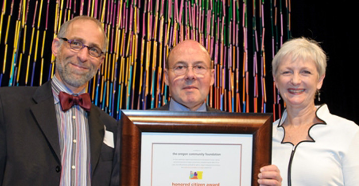 Architecture Foundation of Oregon (AFO) president, Jonah Cohen; Oregon Community Foundation president, Greg Chaille; and Executive Director, Jane Jarrett