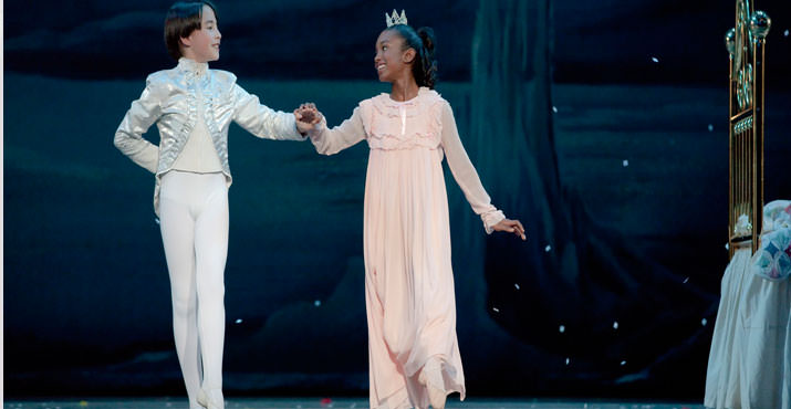 Veyoncé Ratcliff as “Marie” and Wyatt McConville-McCoy as “The Little Prince” in Oregon Ballet Theatre’s 2011 production of George Balanchine’s The Nutcracker, December 10-24 at the Keller Auditorium, Portland, OR. Photo by Blaine Truitt Covert.