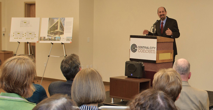 Dr. Bruce Goldberg addresses guests in the building's third floor classroom space where upwards of 140 medical residents and students from 15 different medical institutions will learn more about providing services to vulnerable, low income and homeless individuals.