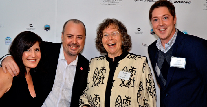 Mary Pat Porter, David Porter (General Manager of Aloft Portland Airport at Cascade Station, event sponsor), Susan Barthel, and Stuart Ticknor take advantage of the photo station at the end of the evening.