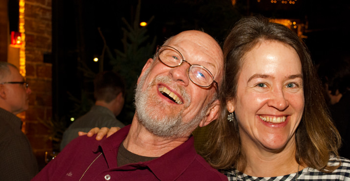 Jim Houser, owner of the Hawthorne Auto Clinic, celebrates at Oregon Environmental Council's annual event with the deputy director of the statewide environmental nonprofit, Chris Hagerbaumer. 