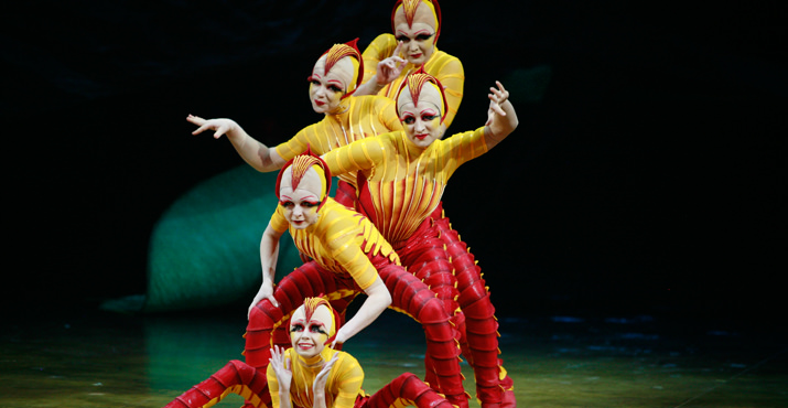 Combining elements of dance, acrobatics, athleticism and sheer agility, five yellow and-red fleas fling themselves through the air and come together in graceful, balanced sculptural formations.