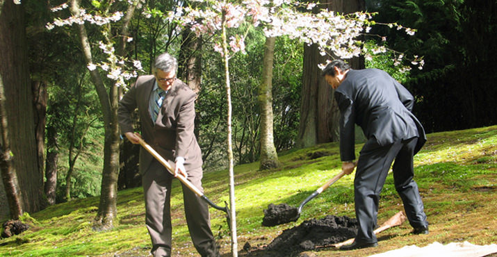 Portland Mayor Sam Adams and Consulate-General of Japan in Portland, Takamichi Okabe, participate in commemorative cherry tree planting