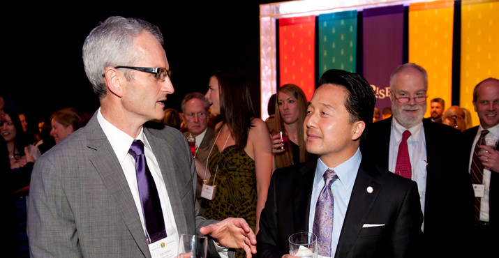 Rich Baek (right), founder and chairman of VTM Group and a ’93 MSEE and ’02 MBA alumnus of UP, and Jon Down (left), director of the University’s Center for Entrepreneurship. Both play a major role in the University’s $100K Challenge student business plan competition.