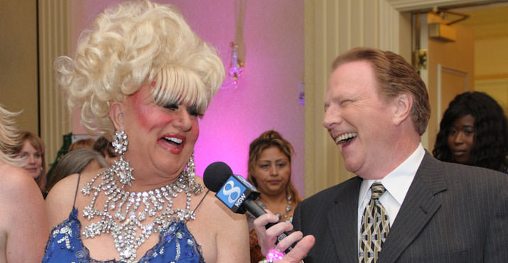 KGW's Joe Smith shares a laugh with Portland's original drag queen, Darcelle.