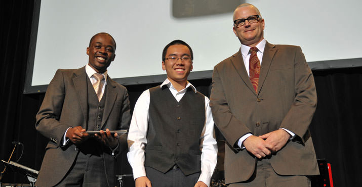 PCC Future Connect Scholarship recipients Marius Ibuye and Nguyen Nguyen with City of Portland Mayor Sam Adams