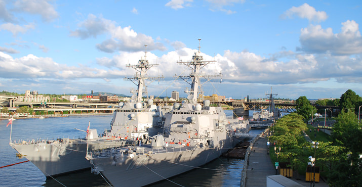 This June, ships line the seawall in downtown Portland.