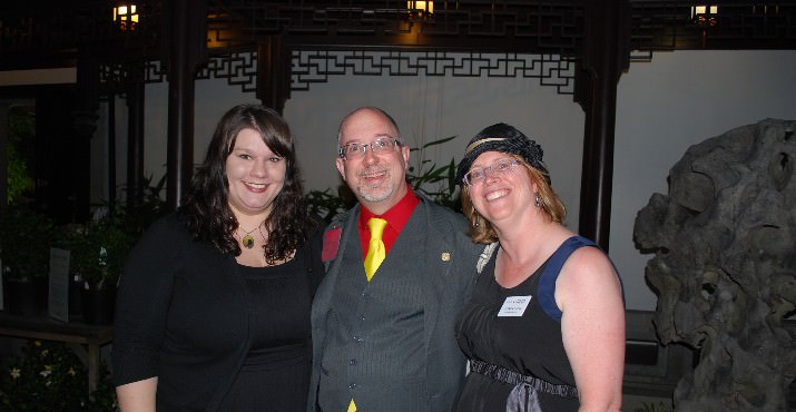 Brennan Wood from the Dougy Center and James Phelps from JKP Fundraising celebrating the conclusion of a great evening with WVDO Exec. Director Agnes Zach.