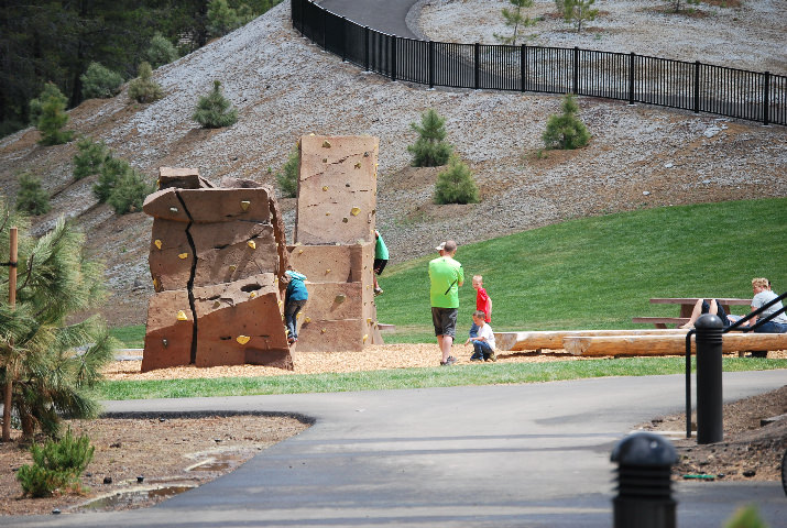 The grounds have a rock climbing wall.