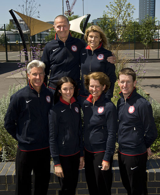 In this Olympic team photo, World Cup champion Rich Fellers is on the left. He's pictured with Reed Kessler, Beezie Madden and McLain Ward who will return to the show jumping team looking for their third-straight Olympic gold medals in the team event. In the second row are staffers George Morris and Elizabeth Parker.