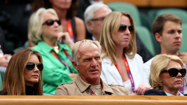 Greg Norman, Australian golfer, and his wife Kirsten Kutner (L) watch the men's singles Tennis match between Andy Murray of Great Britain and Stanislas Wawrinka of Switzerland on Day 2 of the London 2012 Olympic Games in Wimbledon.