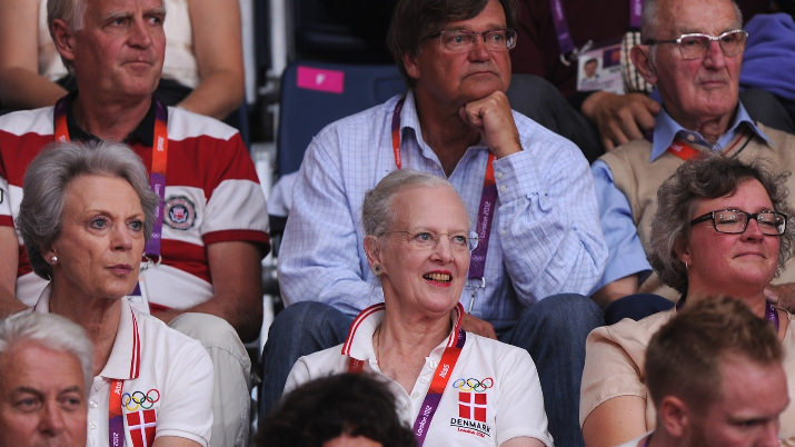 Queen Margrethe of Denmark watches the men's doubles Badminton gold medal match between Yun Cai and Haifeng Fu of China and Mathias Boe and Carsten Mogensen of Denmark on Day 9 of the London 2012 Olympic Games.