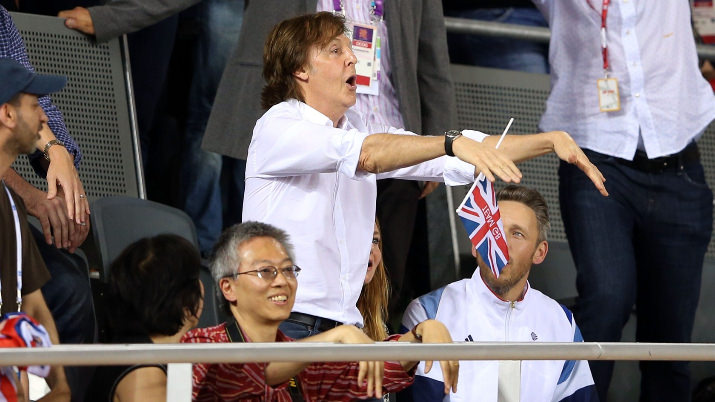 Sir Paul McCartney, Stella McCartney and Alasdhair Willis at the women's Team Pursuit Track Cycling finals on Day 8 at the Velodrome.