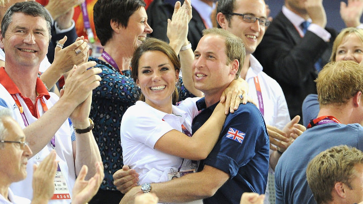 Catherine, Duchess of Cambridge and Prince William, Duke of Cambridge enjoy the Track Cycling action on Day 6 of the London 2012 Olympic Games at the Velodrome.