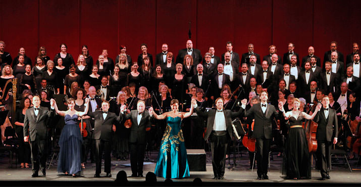 Portland Opera's BIG NIGHT Concert. (l-r): André Chiang, Caitlin Mathes, Matthew Grills, George Manahan, Jennifer Forni, Jonathan Boyd, Michael Todd Simpson, Lindsay Ohse and Nicholas Nelson, with the Portland Opera Orchestra and Chorus.