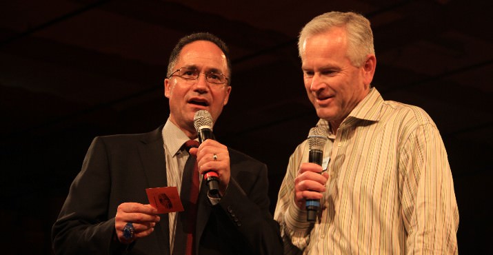 Emcee Matt Zaffino of KGW and Auction Chair Phil Lane of Pexus of Portland draw the winning raffle ticket for a Lexus sedan