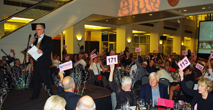 Auctioneer Randy Wells charges the crowd up for a special pink card appeal during the Rose Festival's Rock 'n' Roses Dinner and Auction. 