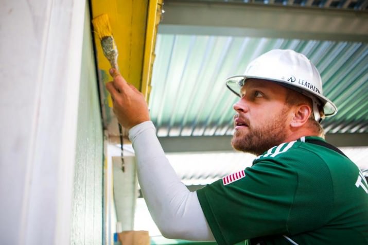 Timber Joey volunteer with Fred Meyer at Portland YouthBuilders for Stand Together Week on October 8, 2012 in Portland, Oregon. (L.M. Parr/Portland Timbers)