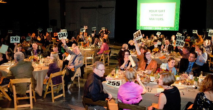 Close to 500 Oregon Food Bank supporters attended the Oregon Food Bank’s 2012 Oregon Harvest Dinner, Oct. 20, and raised $562,000 to support OFB’s mission. OFB Board members Lisa Sedlar and Syd Hannigan co-chaired the event in the Rachel M. Bristol Warehouse at OFB’s headquarters in northeast Portland. Photo by Sarah Jo Galbraith.