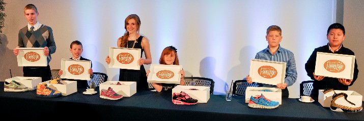The Doernbecher Freestyle IX designers unveil their shoes at a VIP Reception for families prior to the event. From left to right, Chad Berg, Finnigan Mooney, Kylie Bell, Autumn Boynton, Grant Olsen and Oswaldo Jimenez. Photo credit: Caitlin Carlson