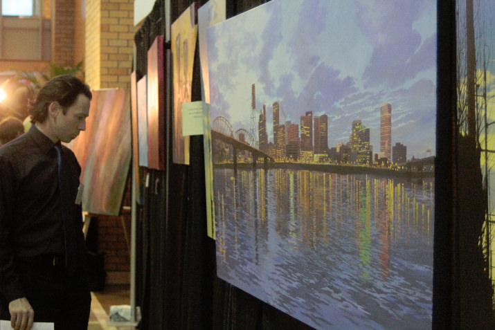 Louis Delagato (artist) viewing Mary Undercoffer-Gallop's piece, Skyline from Hawthorne to Morrison.