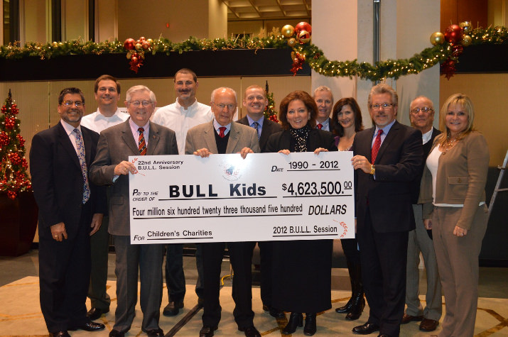 BULL Session charity recipients posed with a check for $4.6 million, the total amount raised over the past 22 years: Tim Gauthier, President BULL Session; Tom Tongue, March of Dimes; Gareth Duggan, Shriners; David Boxberger, Children's Developmental Health Institute; Bill Schonely; Andrew Over, Doernbecher Children's Hospital; Margie Hunt, Special Olympics Oregon; Frank Wall, Secretary/Treasurer BULL Session; Jill Foster, Wheel to Walk; Jeff Perala, Gales Creek Foundation; Ken Phillips and Randi Reiten, Randall Children's Hospital. The B.U.L.L. Session Check Presentation Ceremony was held at Union Bank. 