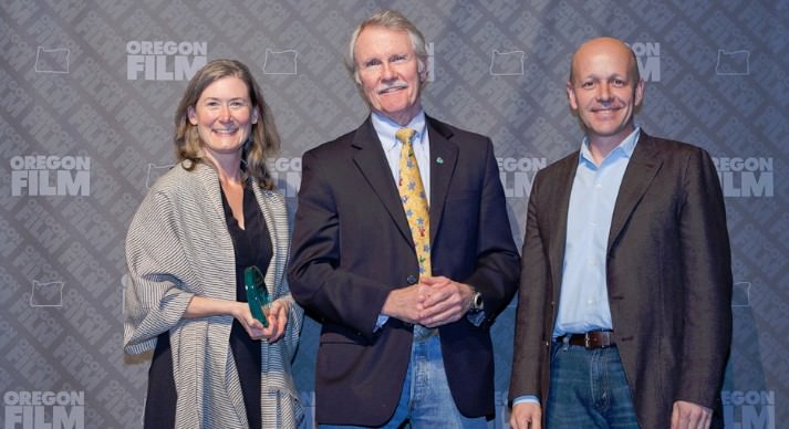 Governor Kitzhaber presented the Award for Innovation in Media Arts to Second Story Interactive Studios's Julie Beeler and Brad Johnson (photo: Frank DiMarco)