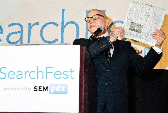 Opening Keynote Marty Weintraub, Founder and Evangelist at aimClear, praises Portland and wakes the crowd up at SearchFest.