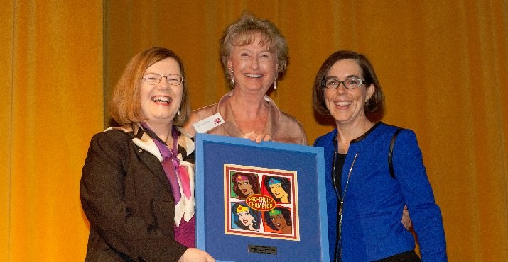    From left, 2013 Pro-Choice Champion Senator Diane Rosenbaum is honored by PPAO Board Member Marilyn Epstein and 2012 Pro-Choice Champion Secretary of State Kate Brown.