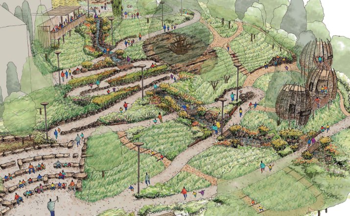 The all-weather, all-seasons exhibit will include trails and ravines, a campsite, a meadow, and a creek, as well as a pavilion and amphitheater, among other exhibit features. Phase I of the exhibit, Zany Maze, opened on April 22, 2012. Phase 2 is currently slated for opening in spring 2014. 