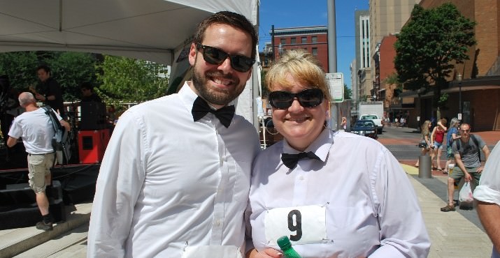The winners of the 9th Annual Waiter's Race, La Course Des Garcons De Cafe were Michael Cook from the Chart House and Kristen Samuelson from Ruth Chris