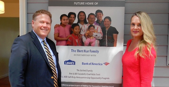 Bank of America's Larry Davis and Monique Barton dedicated a home to a refugee family through their new partnership with Habitat, which will donate 2,000 homes over the next 2 years to Habitat affiliates nationwide.