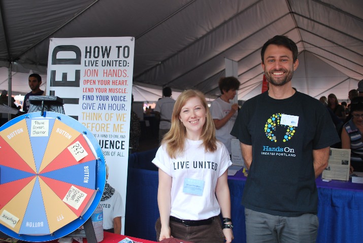 Megan Woodbury represented United Way and John Afryl the organization's new volunteer partner, Hands on Greater Portland