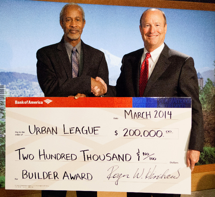 Bank of America’s Roger Hinshaw and Urban League CEO Mike Alexander with $200,000 check