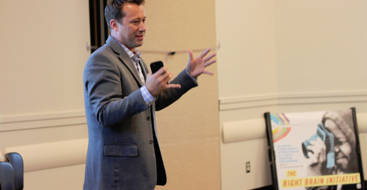 Gresham Mayor Shane Bemis makes a statement about the value of the arts, during a celebration for Portland area arts-in-schools program The Right Brain Initiative, in partnership with Bank of America. Photo by Allie Maya.