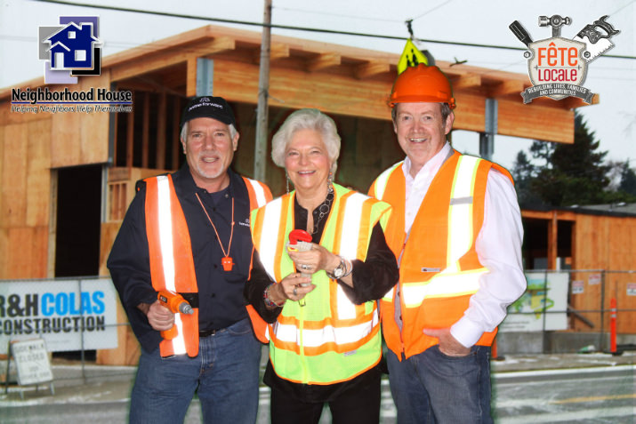 4.Guests (Home Forward’s Executive Director Steve Rudman, Chair Emeritus, Harriet Cormack and Program Director, John Keating) enjoyed dressing in “construction couture” props at the green screen photo booth.