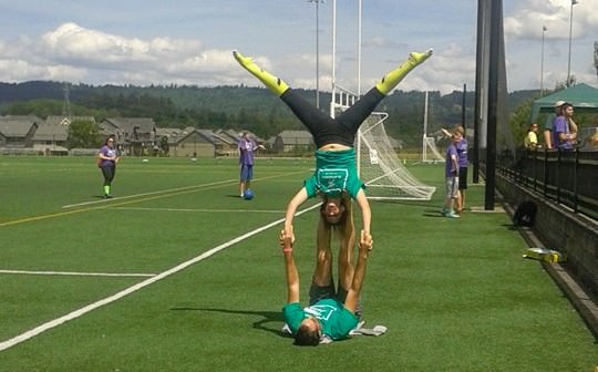 A beautiful day for Playworks corporatekickball and yoga out at PCC Rock Creek The semi-finals are underway, who will win the famous Golden Trophy