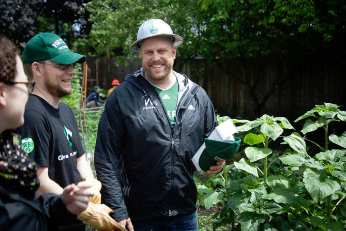 Timber Joey revamp the Garden at Portland YouthBuilders June 16, 2014, Portland, Portland Timbers and Thorns. Photo, Meg Williams-Portland Timbers and Thorns Meg Williams Photography