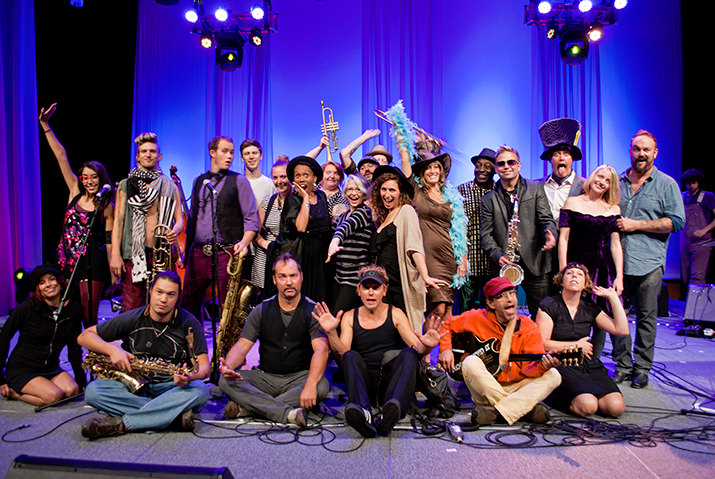 Members of The Decemberists, Patrick Lamb, Ural Thomas with Ragen Fykes and Moorea Masa, Luz Elana and Tiburones, March Fourth Marching Band, Wanderlust Circus, Sneakin’ Out, and Nu Shooz goofing off during rehearsal for the Wonderball.