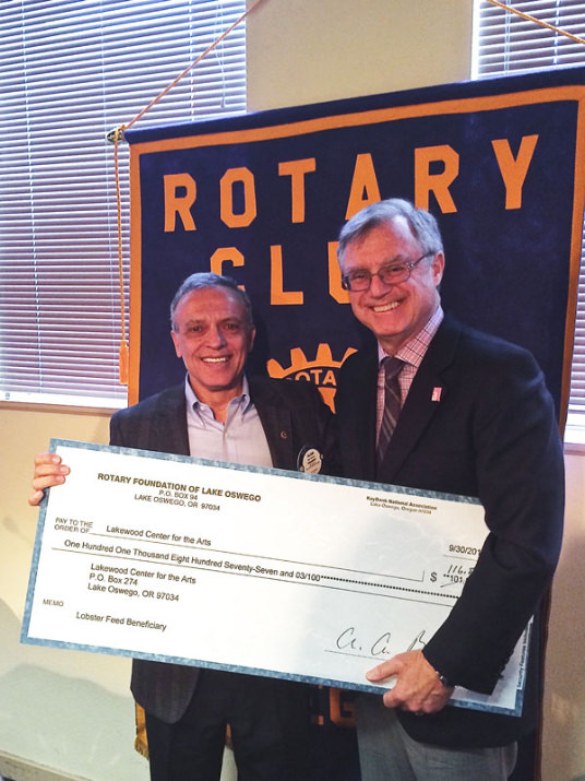 Pictured are: Alan Bazzaz (Lake Oswego Rotary, President), and Don Irving (Lakewood Center for the Arts, Board President). 
