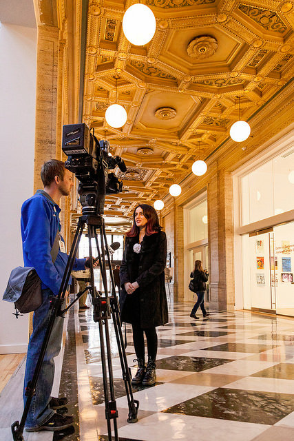 PNCA student ambassador Dahlia Cortez talks to local news about the new building.
