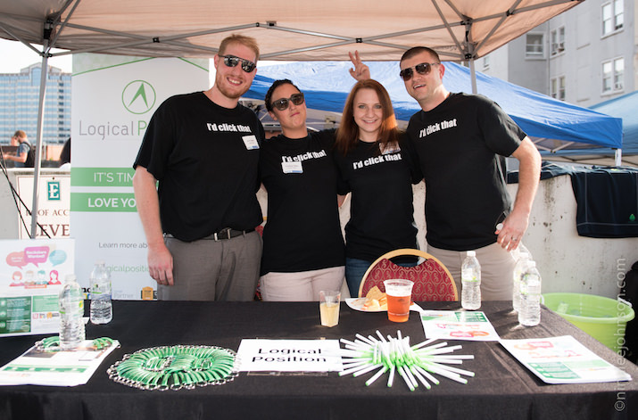  John Alden, Lindsey Stier, Hannah Vincent and Eric Scriven from sponsor Logical Position hang out during the SEMpdx rooftop party.