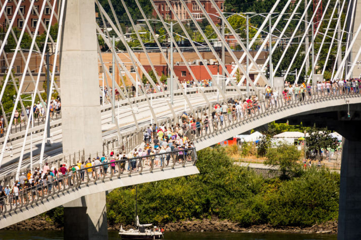 "People seem to adore the aesthetics of it, the art, the architectural lighting and how well it fits its site," says Dan Blocher, TriMet's executive director of capital projects. "It was a three-year process to embrace the city of bridges [and determine] what bridge type would work here. This fits in the environment."