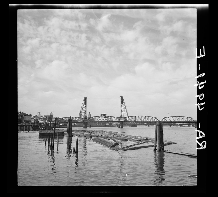 Log booms in Willamette River. Portland, Oregon