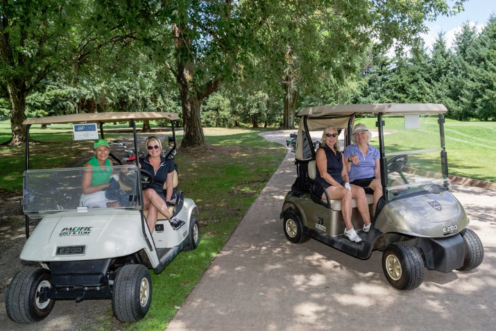 Brokers from Windermere Stellar tee up for charity at the sixth annual Windermere Stellar Golf Tournament benefitting the Windermere Foundation, which provides support to low-income children and families. (from left to right) Lynn Thompson, Teri Beatty, Libby Benz, and Joan Allen (Co-Owner and Vice President).