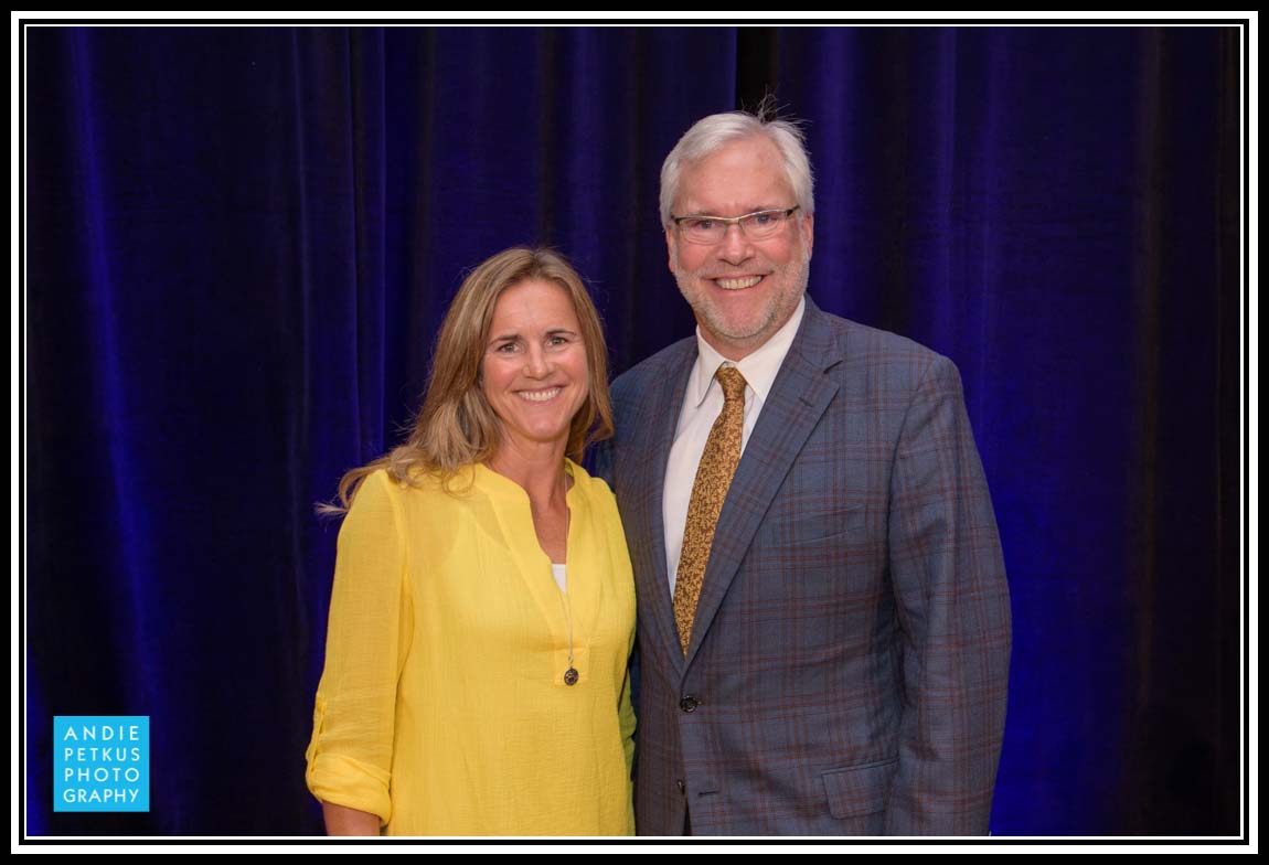Brandi Chastain smiles with St. Mary’s Academy Chairman of the Board of Directors, Kent Roberts before the Food for Thought Luncheon at the Portland Hilton Grand Ballroom
