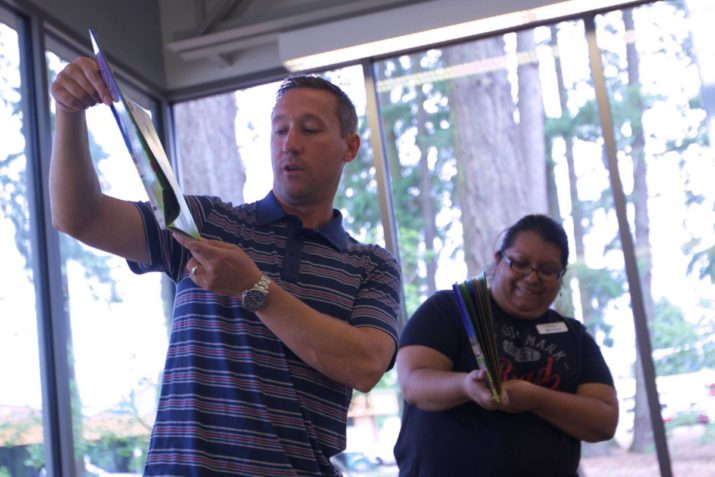 Timbers head coach Caleb Porter reads to children at the Hillsboro Library as part of Stand Together Week. Photo: Eric Cech-Portland Timbers