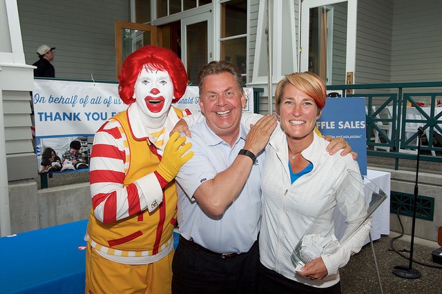 Ronald McDonald joins RMHC Board Member Buz McDonald and RMHC CEO Jessica Jarratt Miller. Buz was the raffle winner of this year's Lexus Champions for Charity raffle, presented by Kuni Lexus of Portland. 