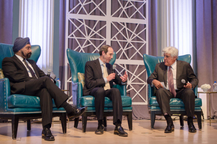 Sir Harpal Kumar, chief executive officer, Cancer Research UK; Brian Druker, M.D., director, OHSU Knight Cancer Institute; panel discussion moderator Jay Leno